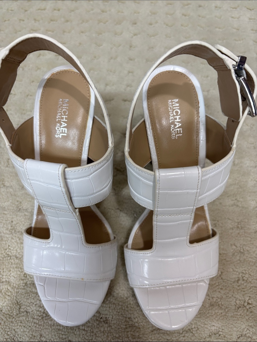 Michael Kors White Croc-Embossed Leather Platform Sandals with Ankle Buckle